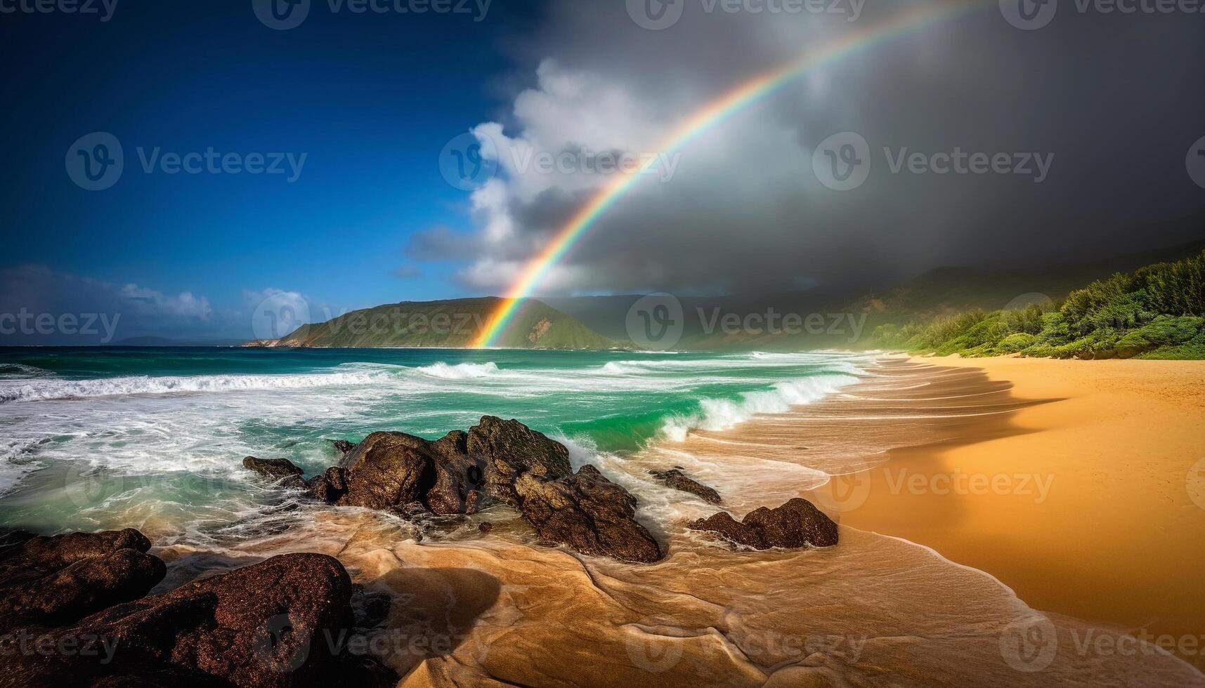 Sol beijou ondas spray arco Iris em molhado areia gerado de ai foto
