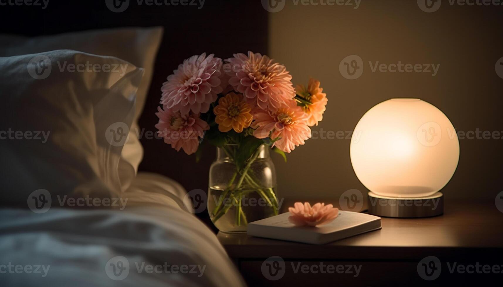 moderno quarto decoração vaso do flores em mesa gerado de ai foto