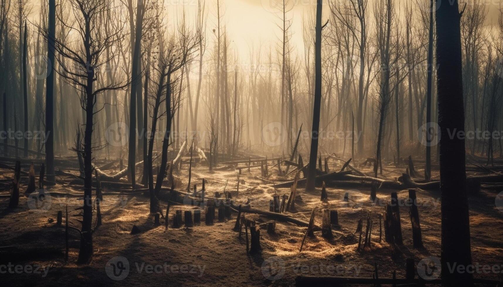 silhueta do assustador árvore dentro nebuloso floresta gerado de ai foto