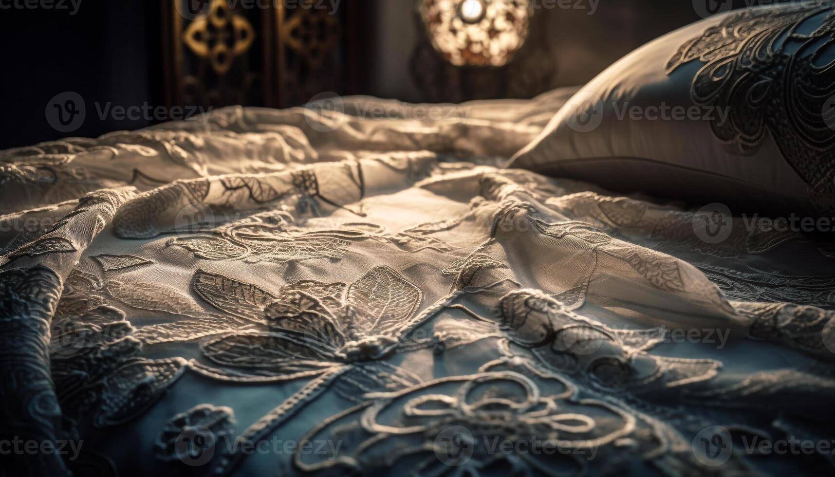 confortável roupa de cama e elegante decoração dentro moderno quarto gerado de ai foto