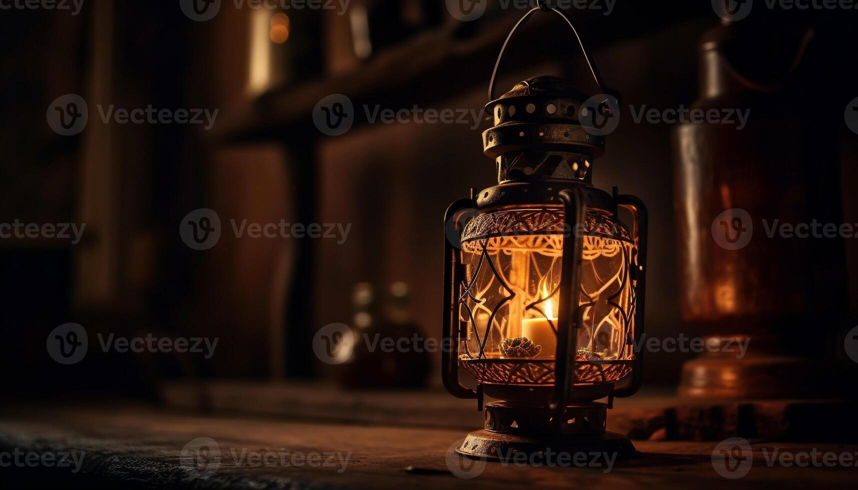 Antiguidade lanterna iluminado rústico mesa, brilhando celebração decoração gerado de ai foto