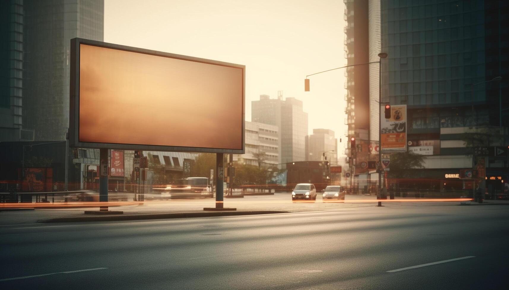 moderno edifícios, brilhante luzes publicidade cidade vida gerado de ai foto