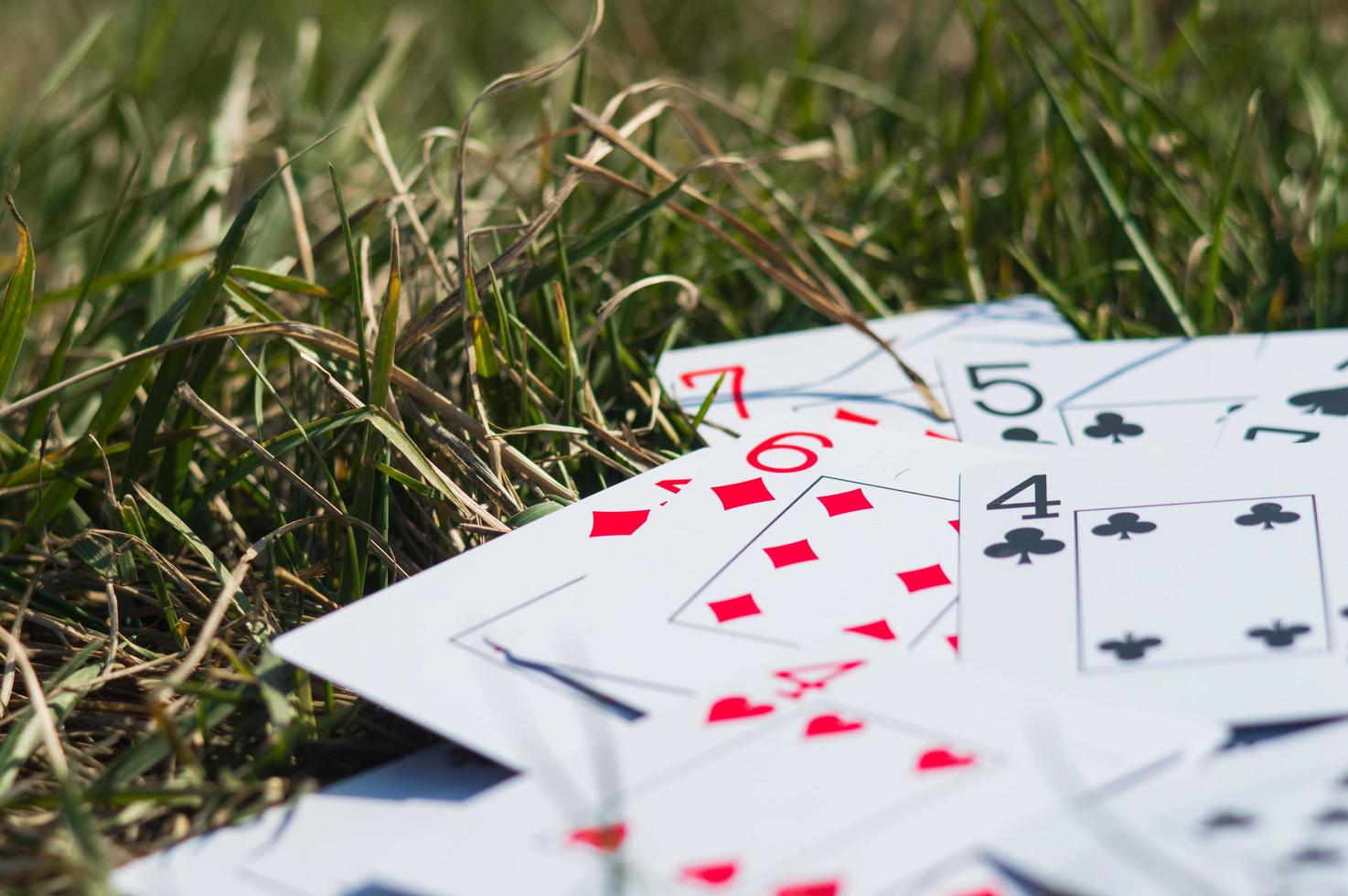 cartas de jogar na grama verde de perto foto