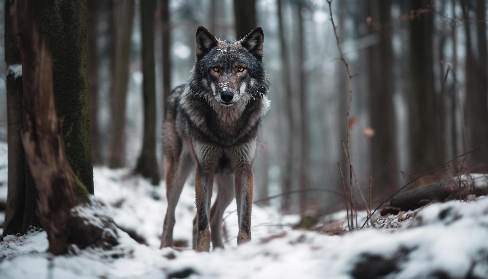 cinzento Lobo caminhando através Nevado floresta gerado de ai foto