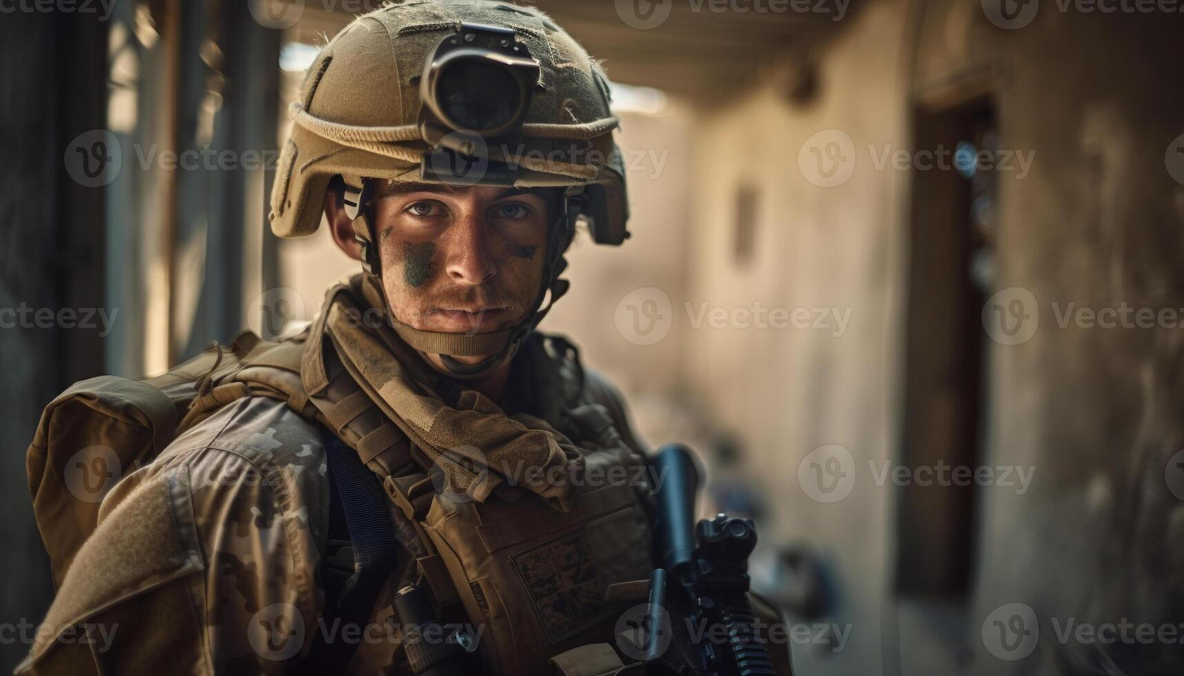 soldado dentro camo mira rifle com confiança gerado de ai foto