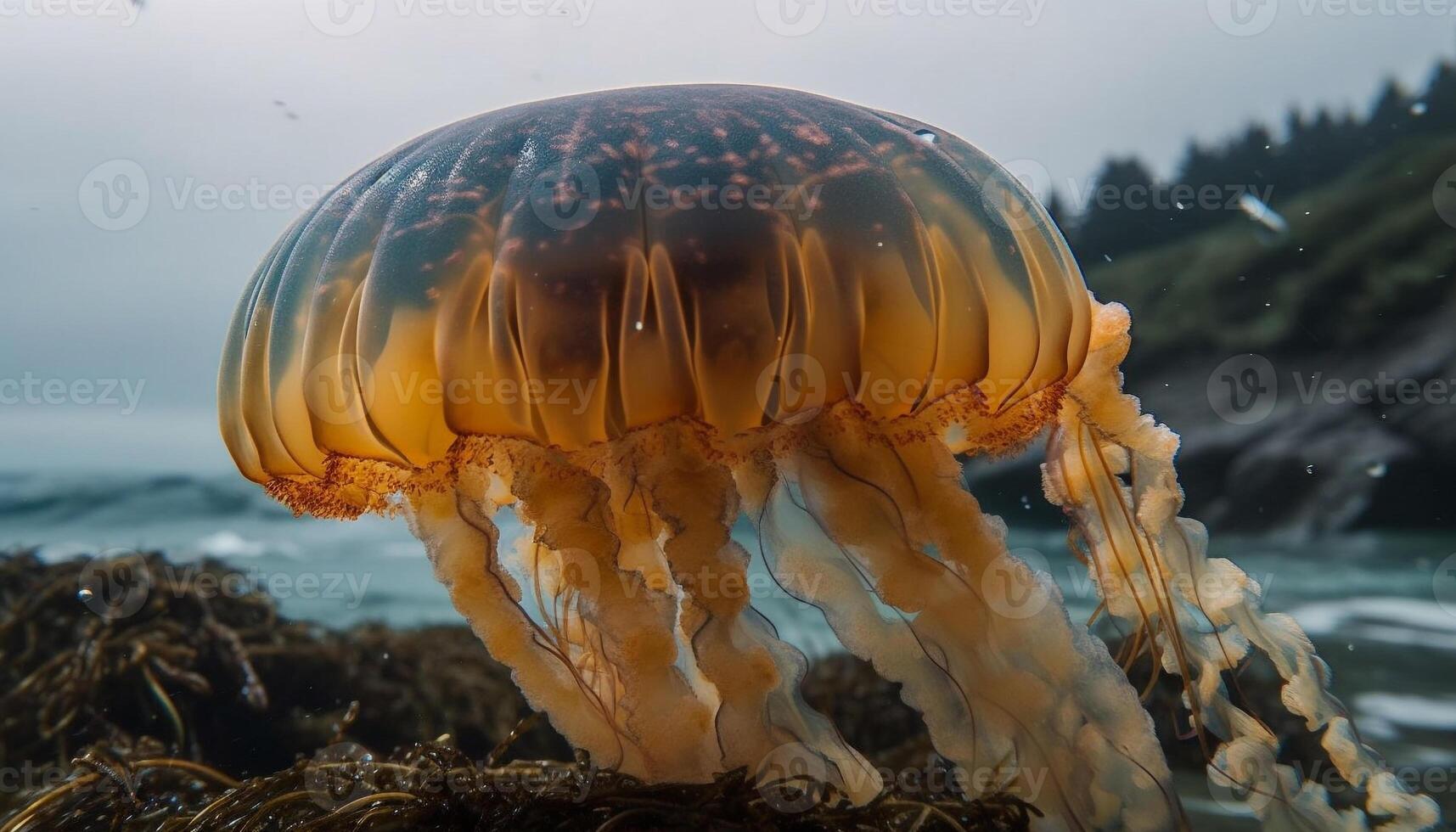 colorida polvo nada perto coral em recife gerado de ai foto