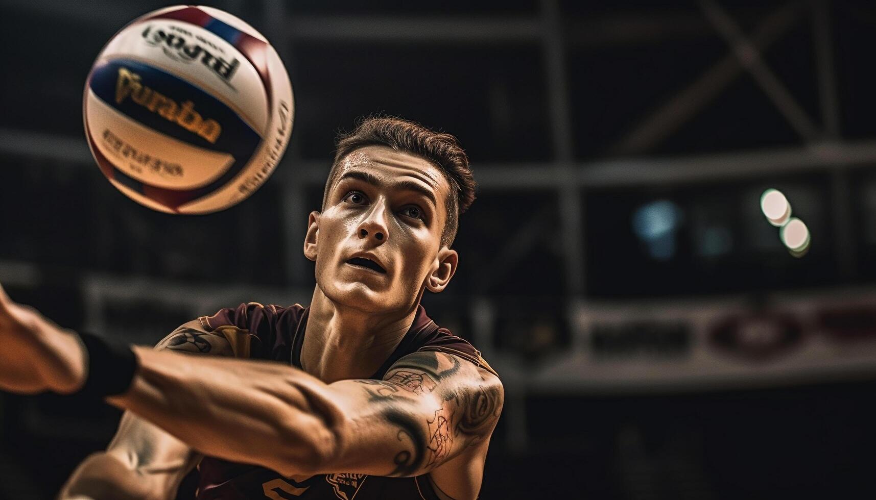 muscular atleta jogando voleibol com determinação e perícia gerado de ai foto