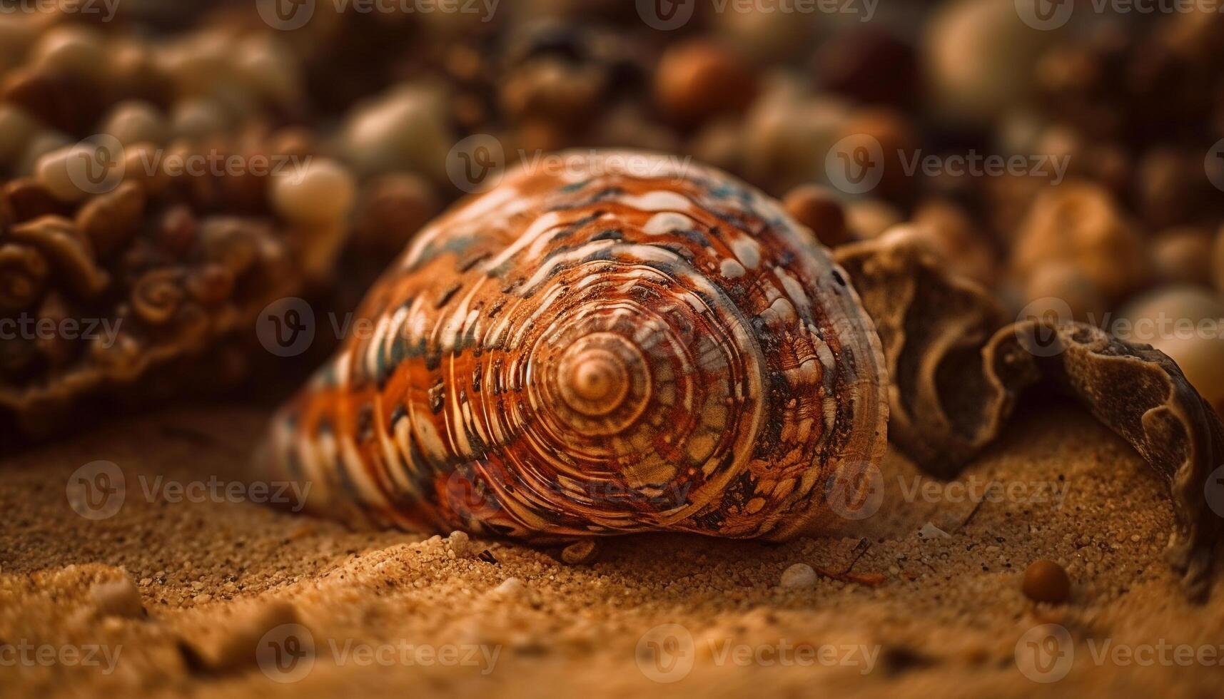 espiralado gastrópode Concha beleza em arenoso de praia gerado de ai foto