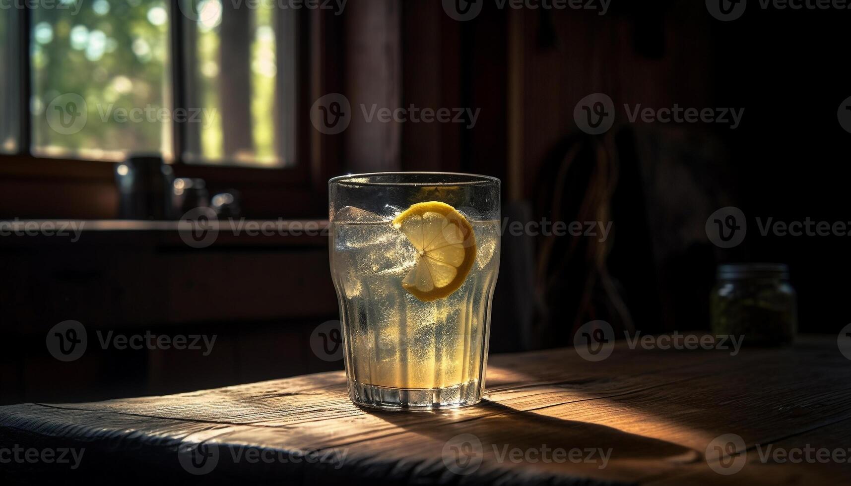 refrescante coquetel em de madeira mesa com citrino fatias gerado de ai foto