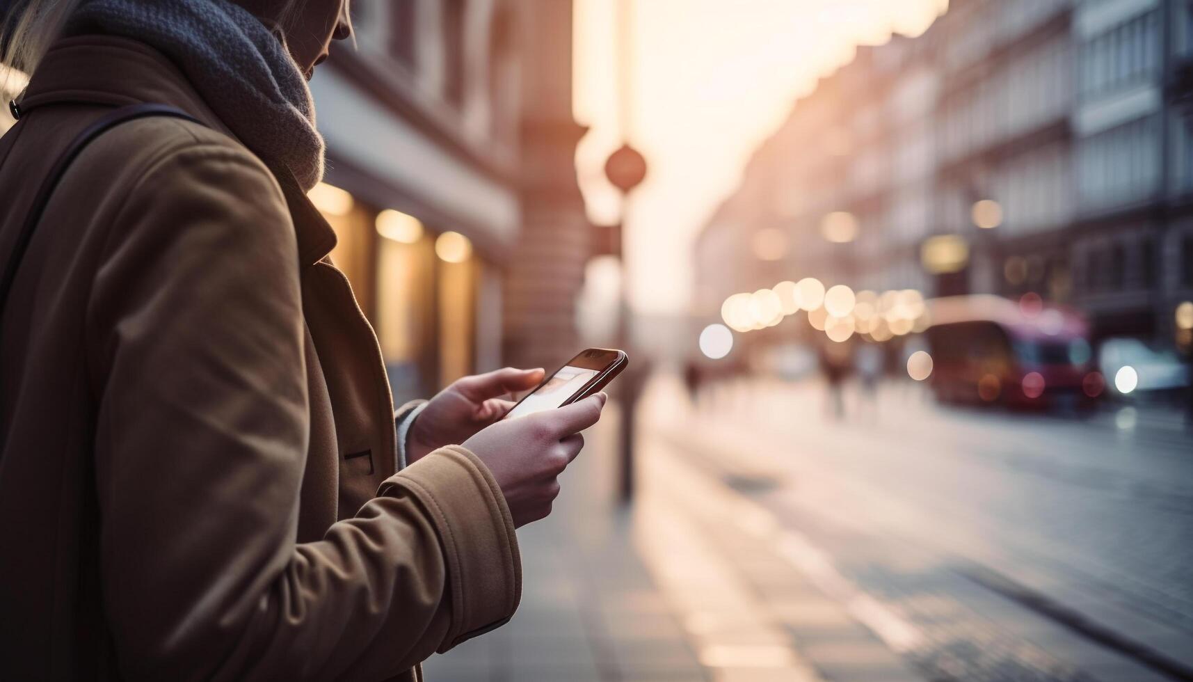 homem de negocios digitando mensagem em Smartphone dentro cidade noite gerado de ai foto