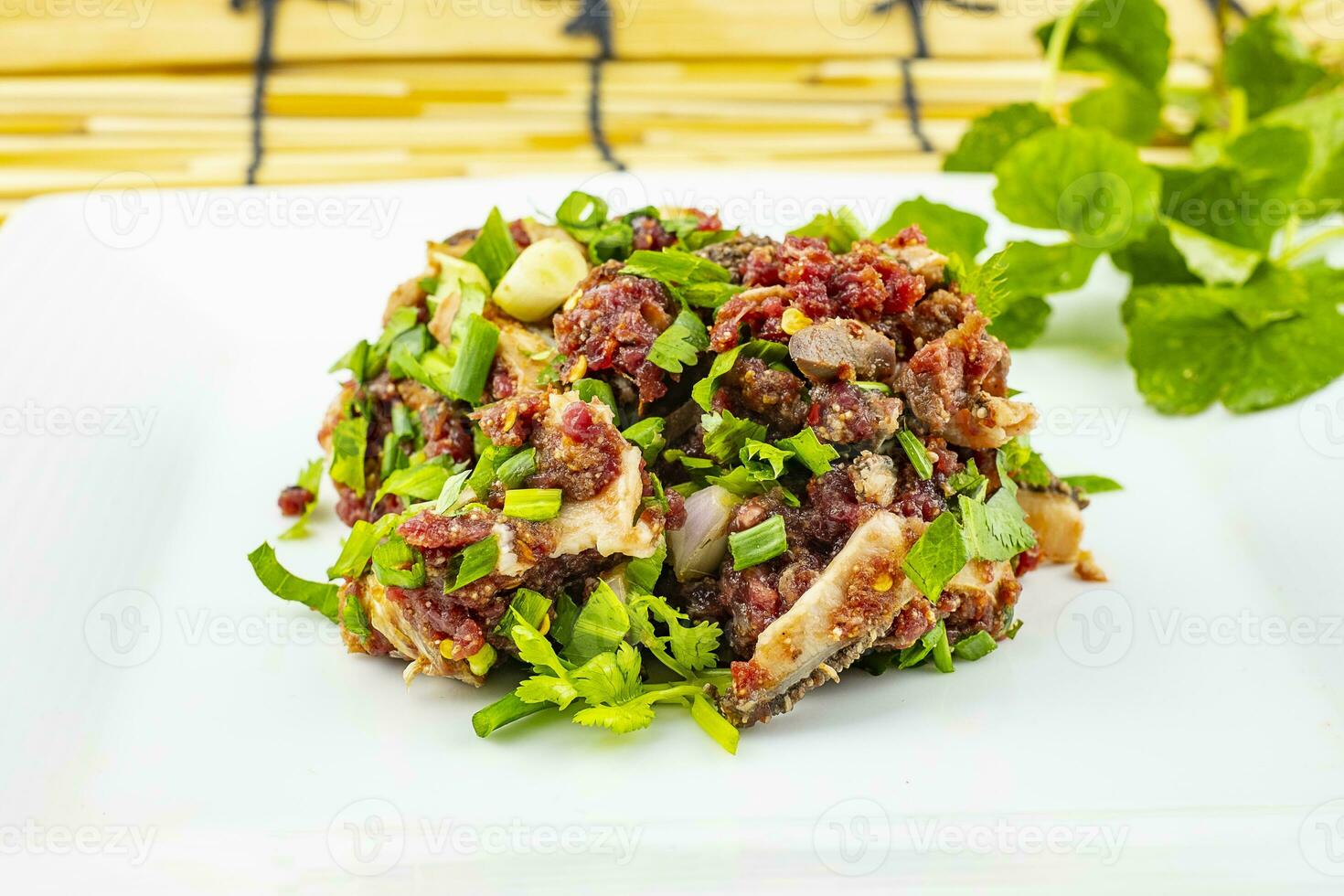 salada picante de carne picada, larb é comida tradicional tailandesa foto