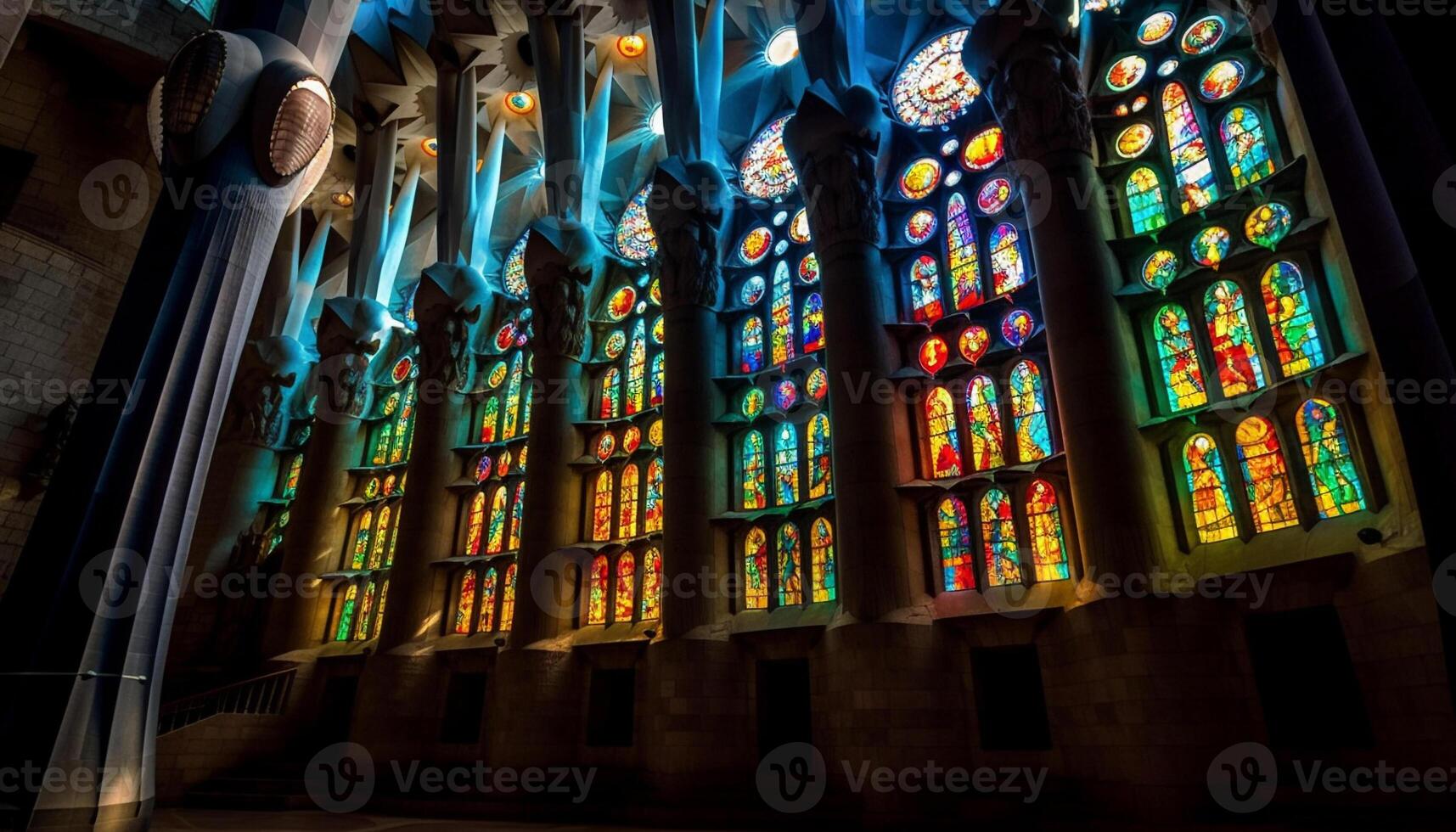 manchado vidro ilumina majestoso gótico basílica interior gerado de ai foto
