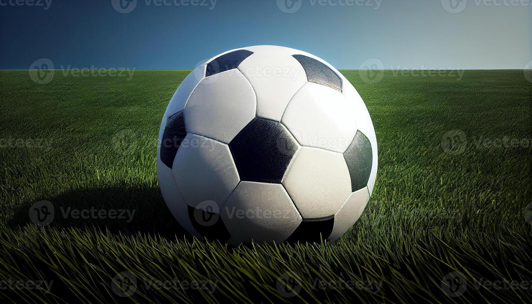 futebol bola dentro Holofote em verde território gerado de ai foto