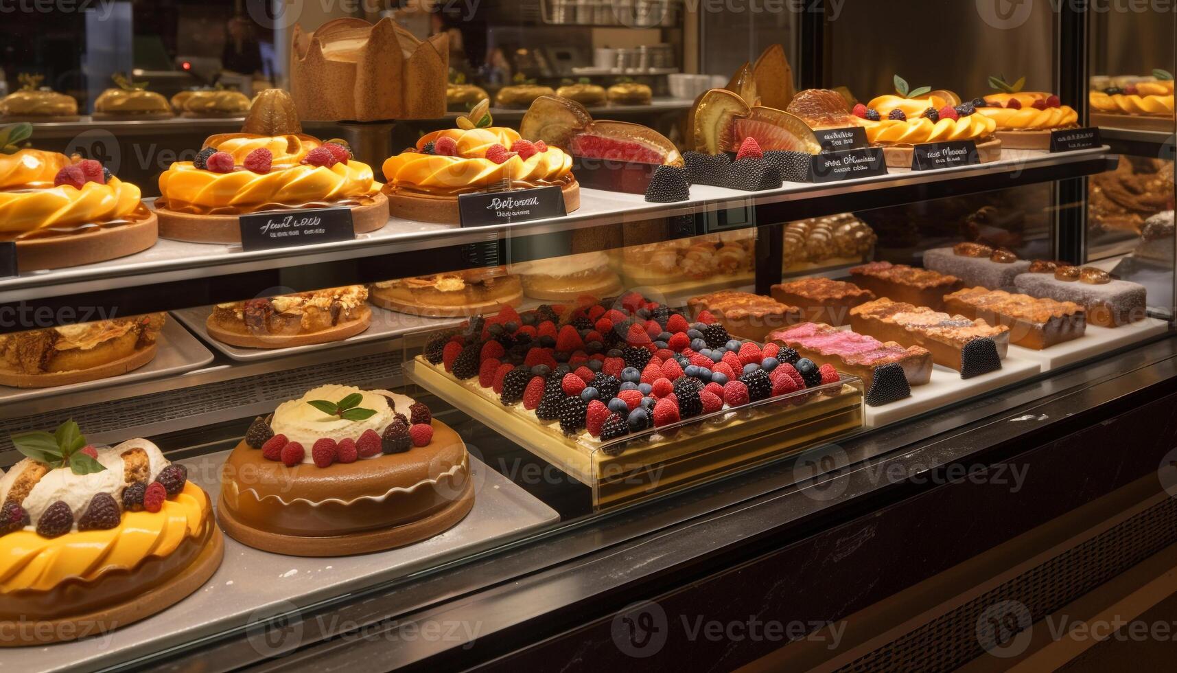 uma doce pastelaria exibição do fresco, cozido bondade gerado de ai foto