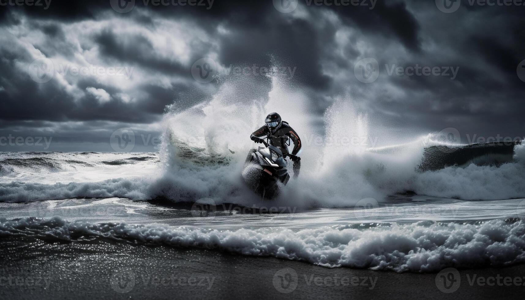 homens equitação ondas, 1 motociclista extremo excitação gerado de ai foto