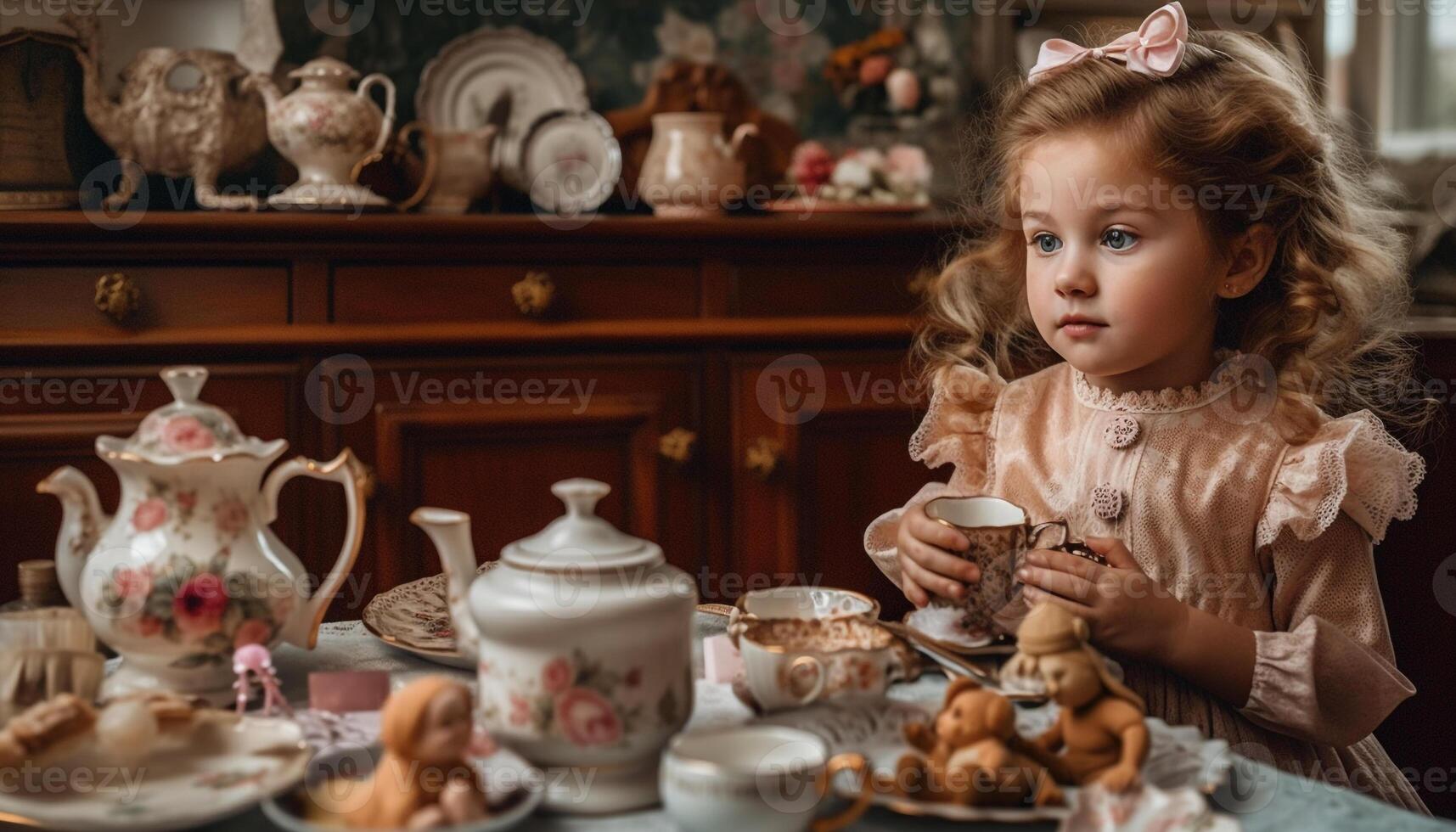 pequeno menina sorrisos enquanto fazer cerâmica decoração gerado de ai foto