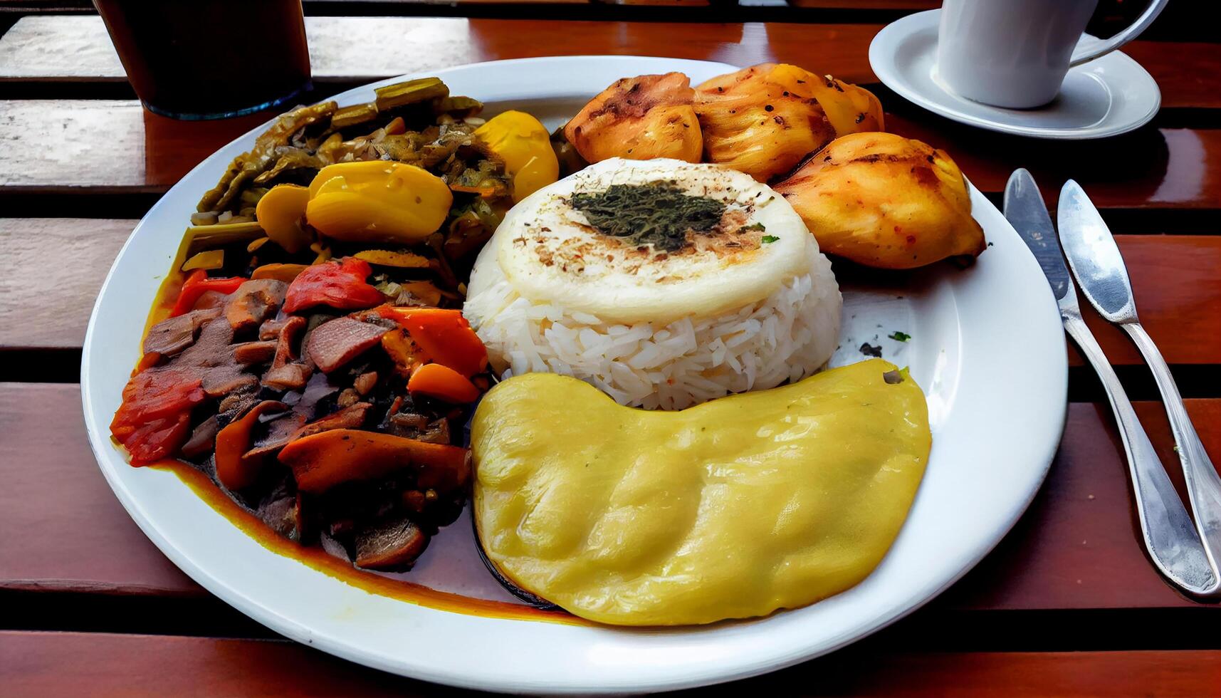 grelhado carne e legumes em de madeira mesa gerado de ai foto