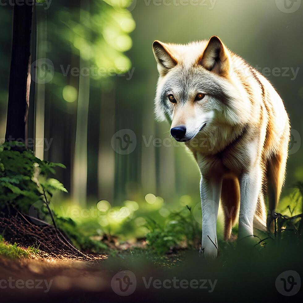 fechar acima Lobo dentro a floresta, criada com generativo ai foto