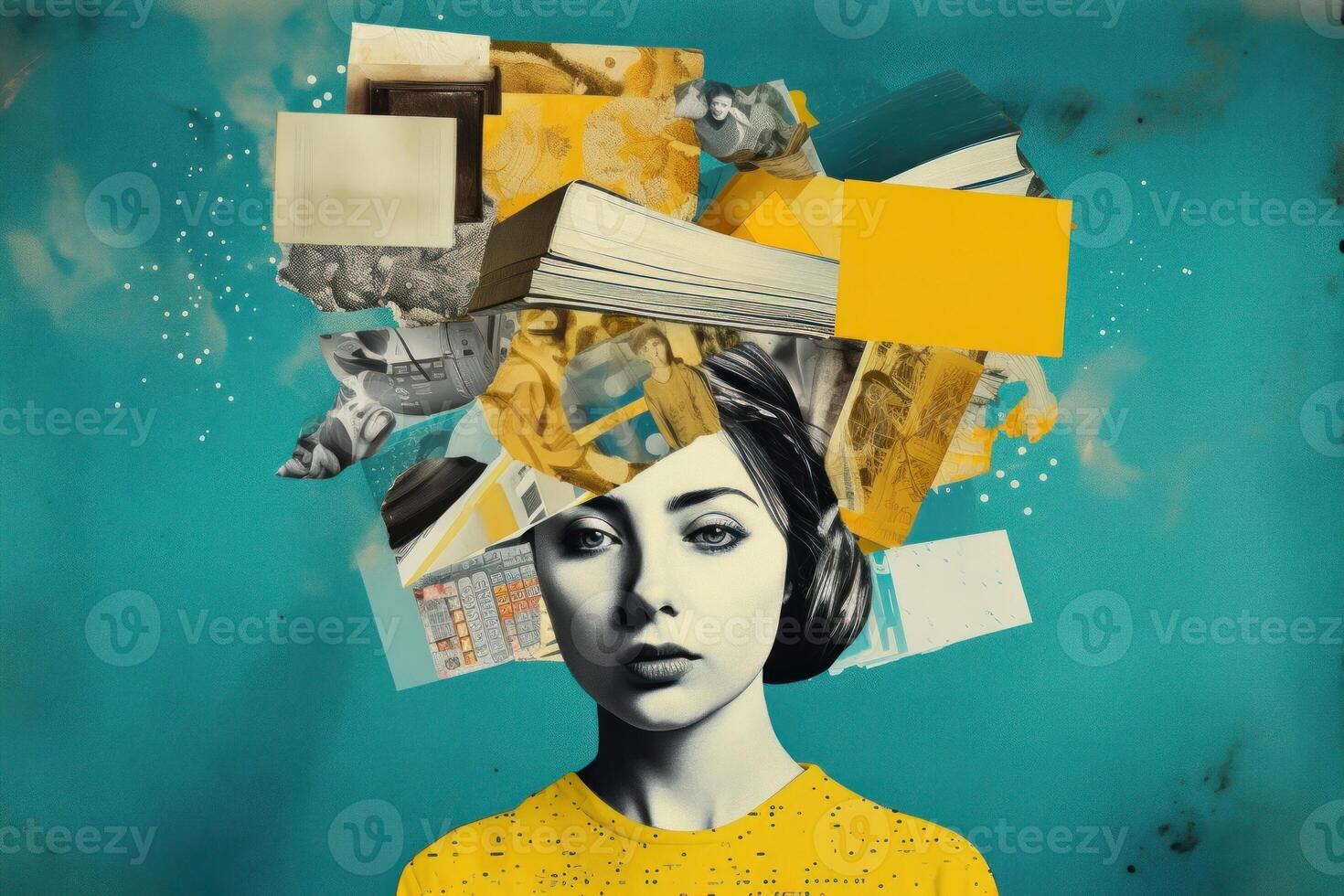 uma menina com uma saco do livros dentro dela cabeça. ilustração ai generativo foto