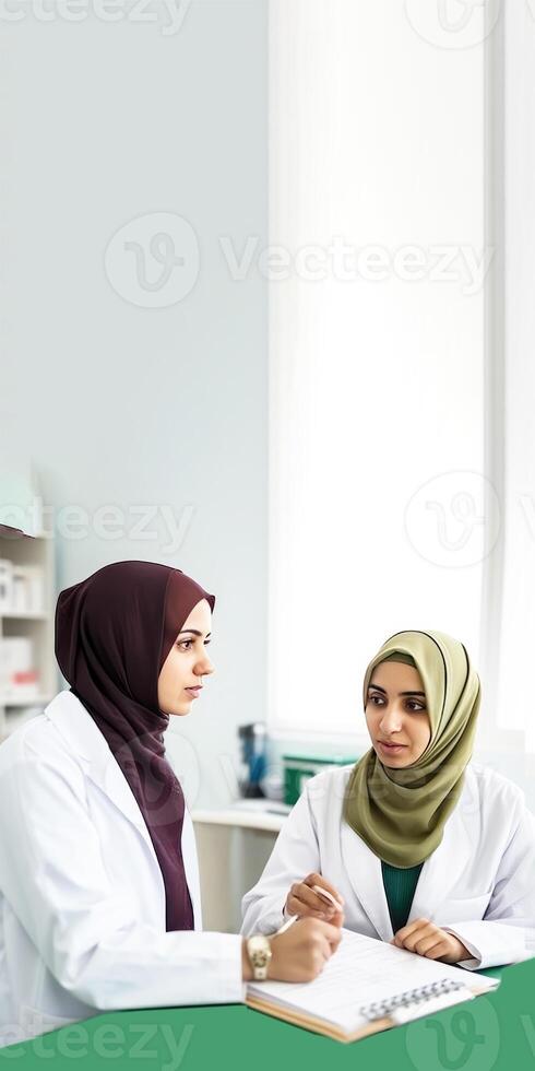 retrato do muçulmano fêmea médico profissionais discutindo às local de trabalho dentro hospital ou clínica, vertical bandeira Projeto. generativo ai. foto