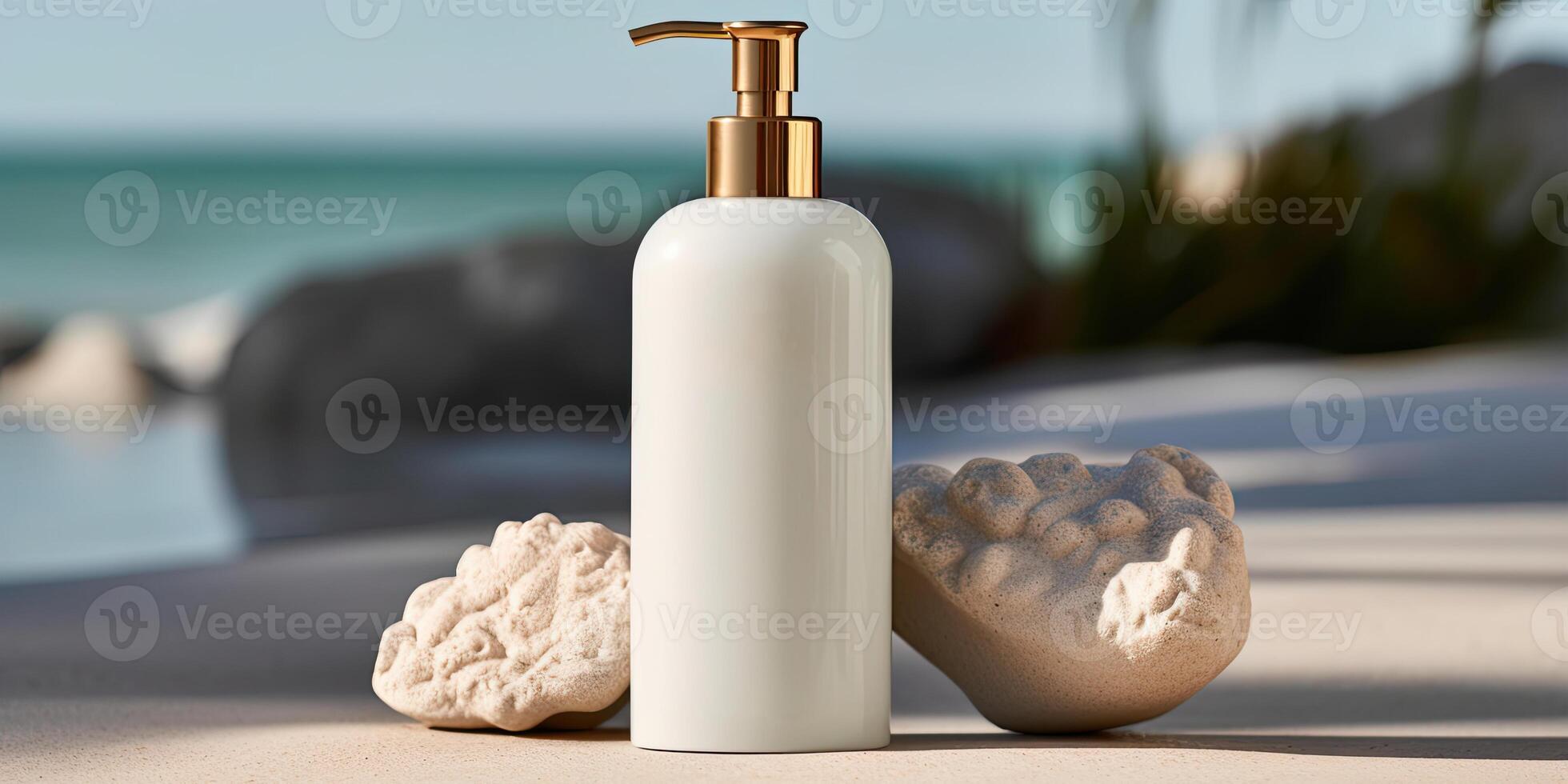 uma essencial branco bomba garrafa brincar com pedra em de praia fundo para natural ou ervas composição produtos publicidade conceito. generativo ai. foto