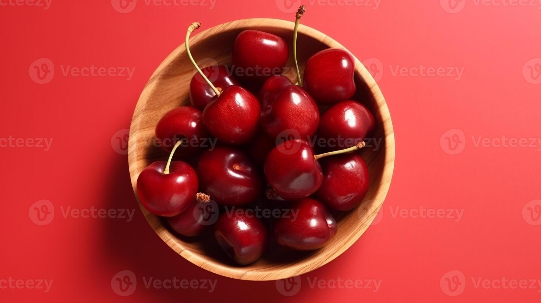 batida Vejo em organizado doce cerejas dentro de madeira tigela dentro luz do dia em obtendo para estar corado Fundação. criativo recurso, ai gerado foto