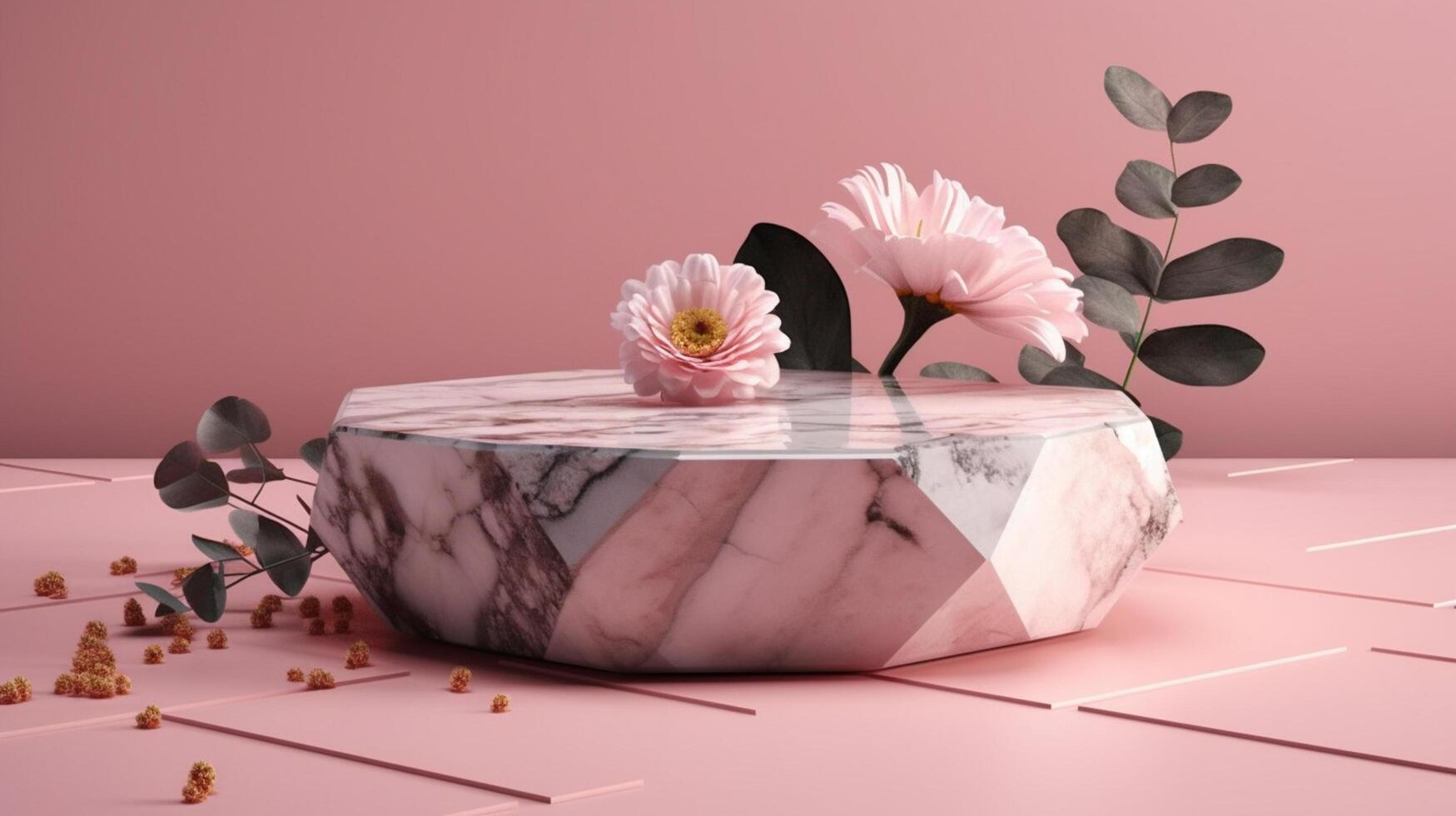 3d Renderização do uma mármore mesa com flores e uma vaso generativo ai foto