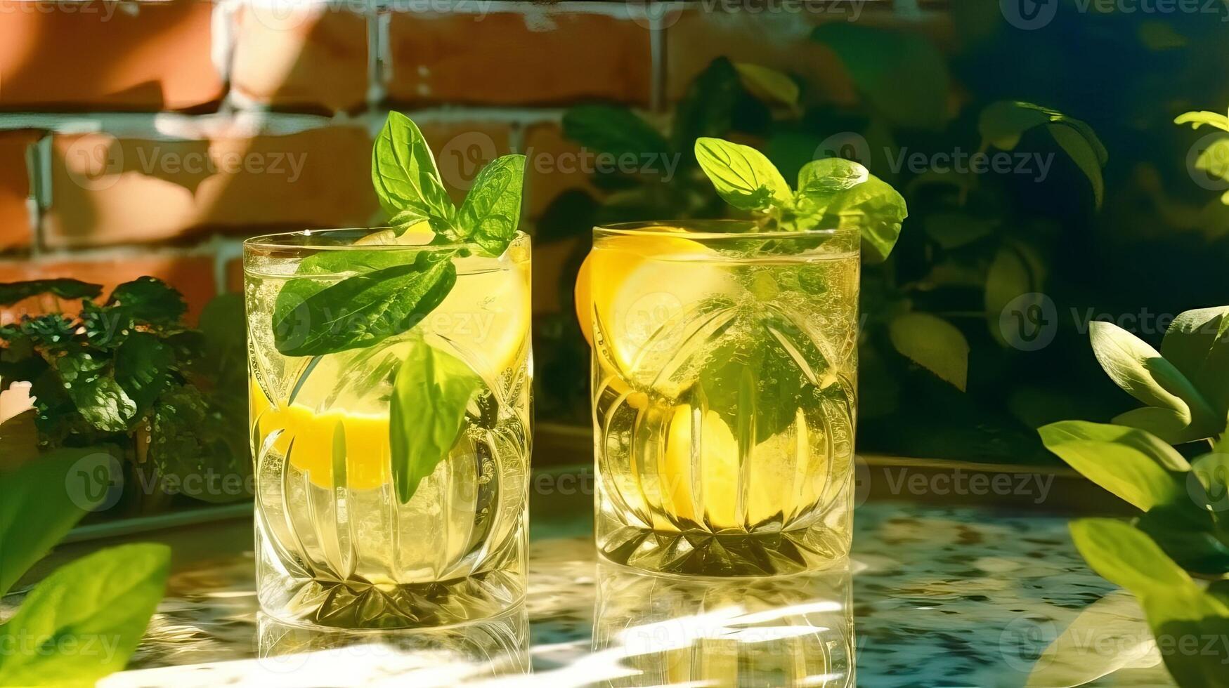 restabelecimento verão bebidas dentro pérola óculos com verde limpa Fora amarelo telha estabelecimento com a sangue frio sombras. criativo recurso, ai gerado foto