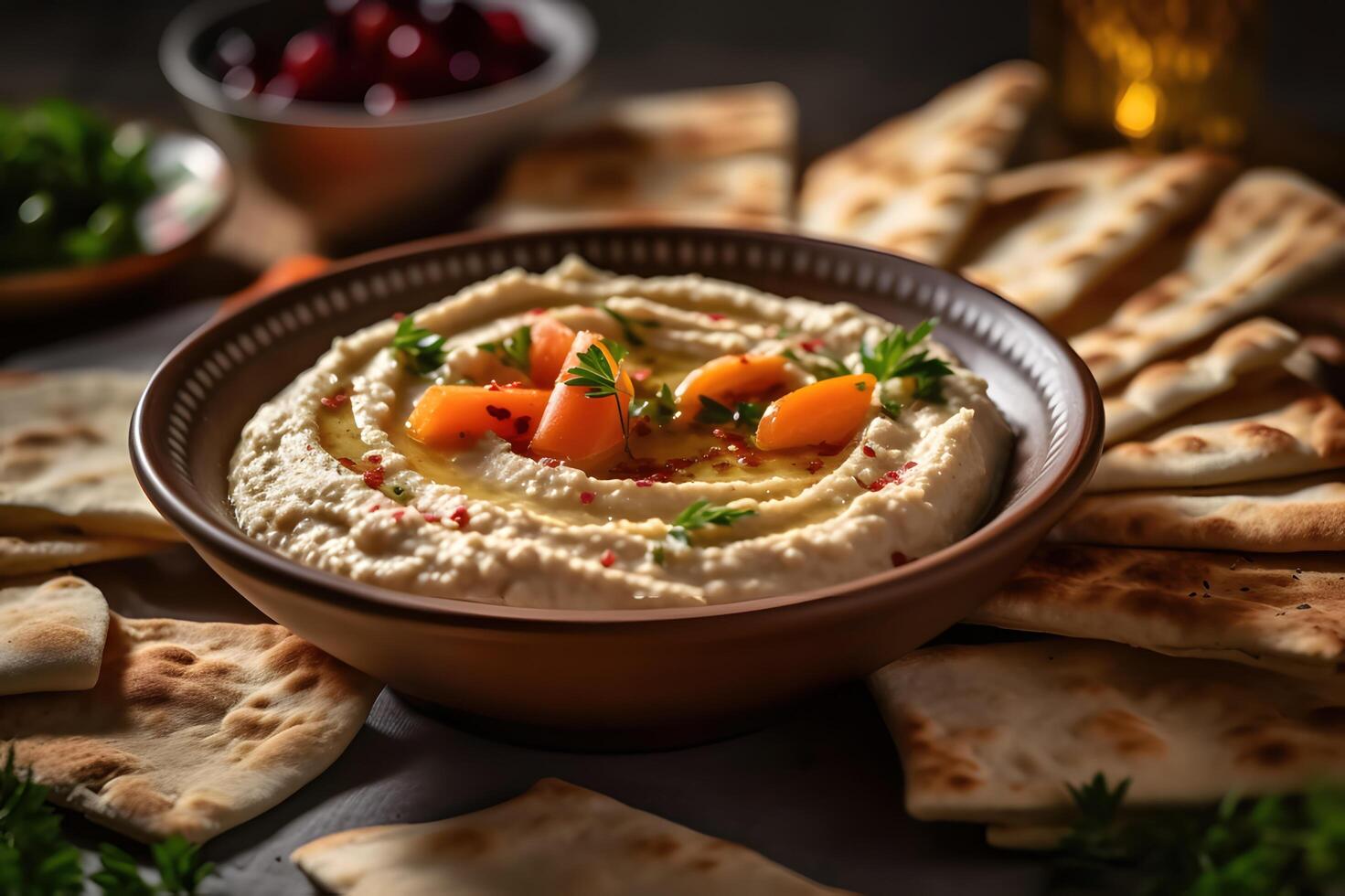 delicioso Húmus com Pão Pita pão e vegetais, árabe estilo, generativo ai foto