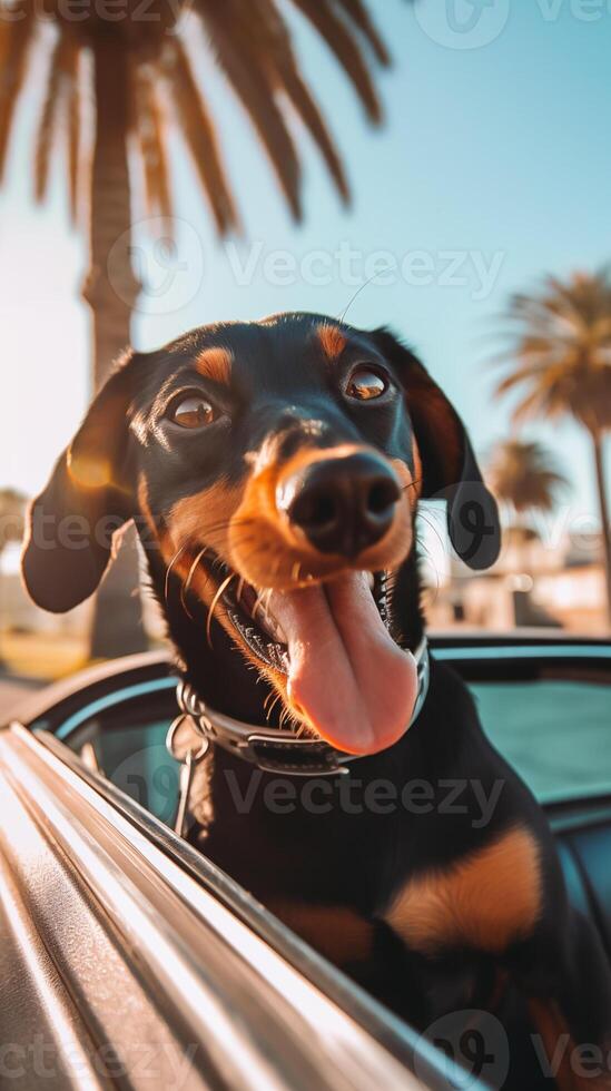 retrato do uma dachshund cachorro dentro a verão dentro uma carro em férias.ai gerado foto