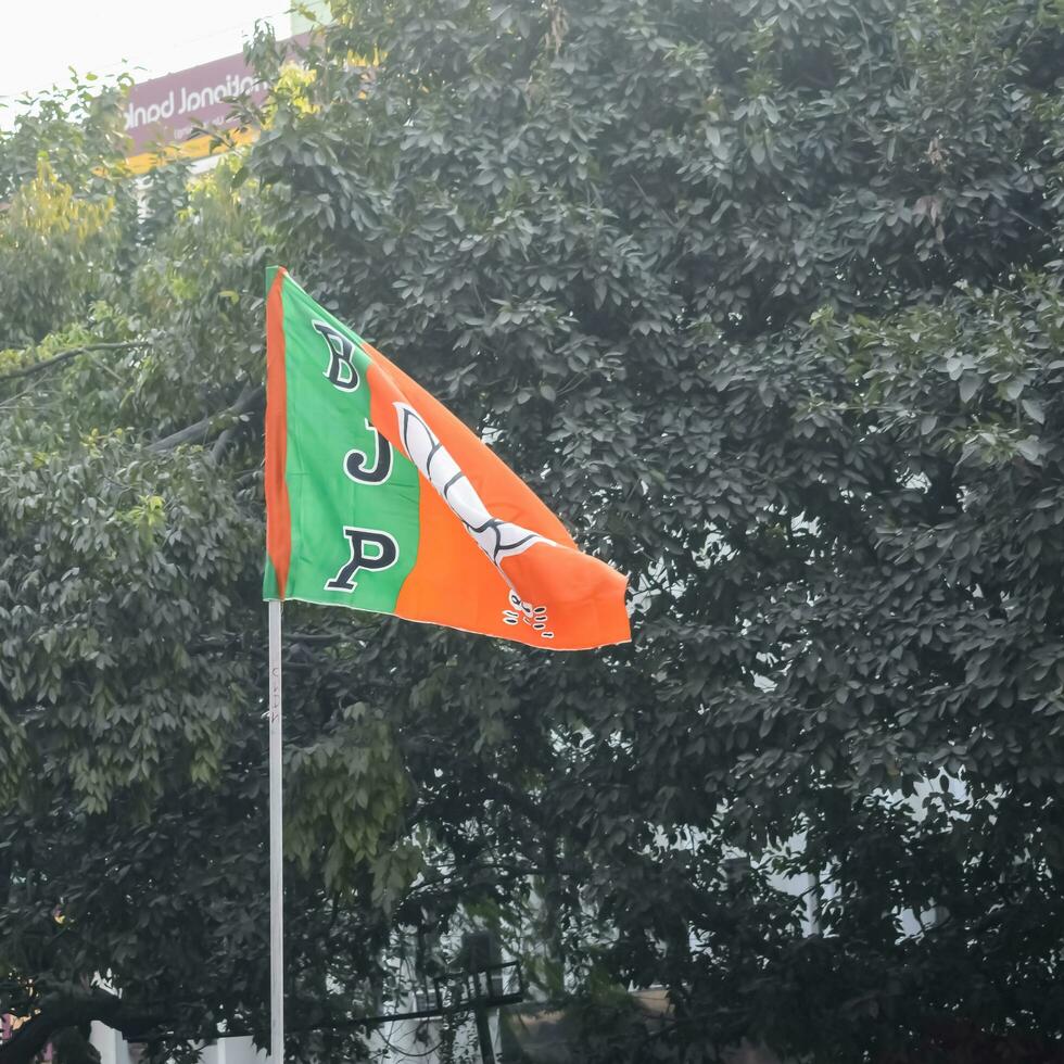 Novo Délhi, Índia - pode 16 2023 - bharatiya janata festa bandeira do indiano político festa, bjp bhartiya janta festa bandeira acenando durante PM estrada mostrar dentro Délhi, Índia foto