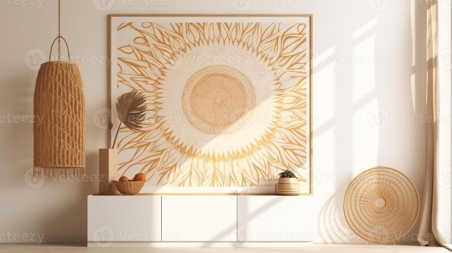 uma moderno casa boho estilo decoração projeto, com uma ampla parede arte quadro, Armação em branco brincar com branco fundo, simples e elegante, boêmio estilo decoração para lar, ai gerado foto