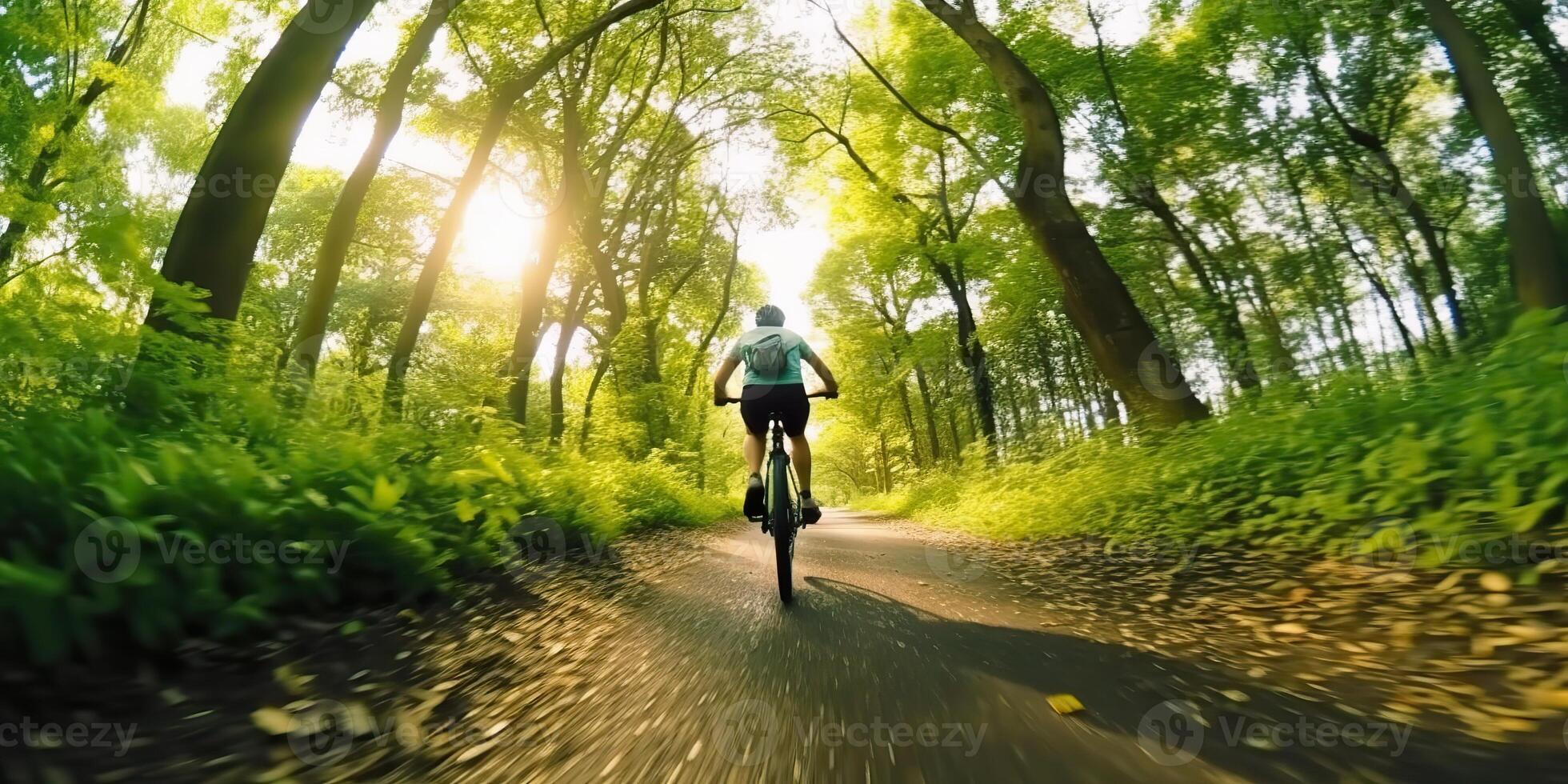 ai gerado. ai generativo. foto ilustração do montanha bicicleta ciclo esporte em forma cardio indo em verde natureza ao ar livre lindo selvagem raça floresta panorama. gráfico arte