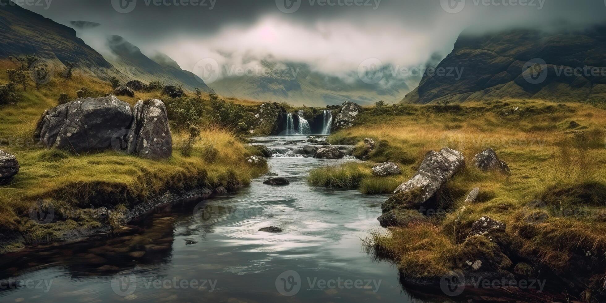 ai gerado. ai generativo. foto ilustração do selvagem natureza ao ar livre montanha cascata panorama em chuva verde dia. gráfico arte