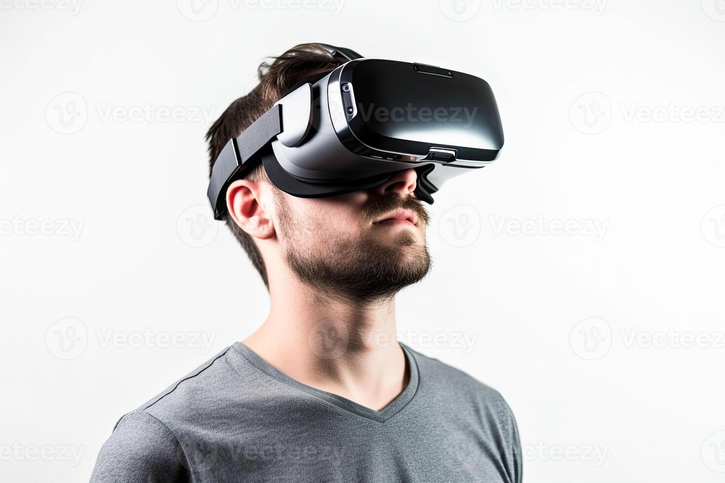 homem usando virtual realidade fone de ouvido. vr gadgets, , Educação conectados ou jogos conceito. generativo ai foto