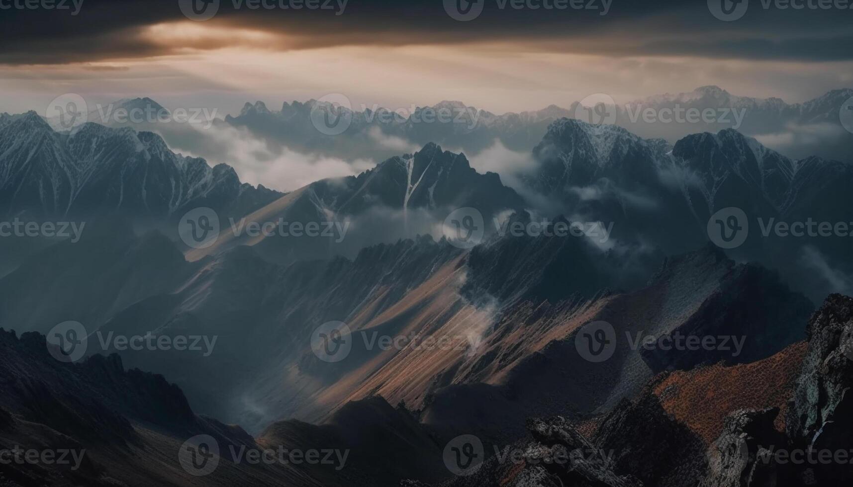 majestoso montanha alcance carrinhos alto, admirando tranquilo beleza gerado de ai foto