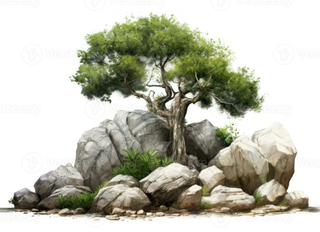 árvore e pedras isolado. ilustração ai generativo foto