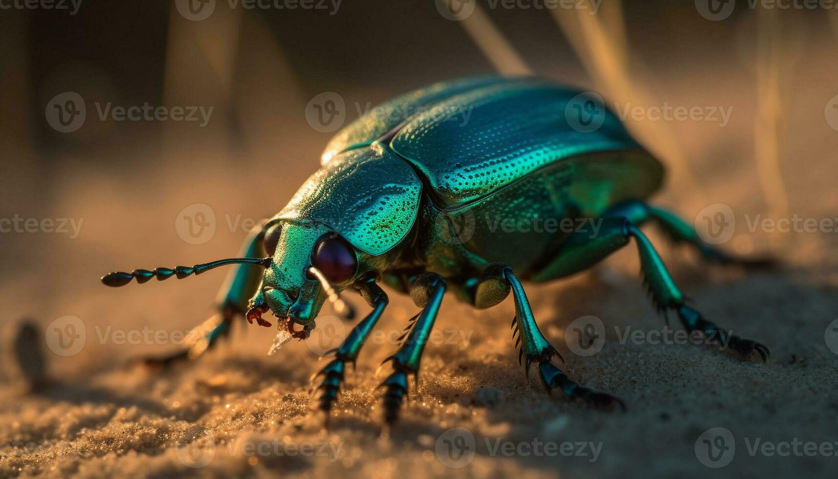 pequeno escaravelho besouro rastejando em verde folha gerado de ai foto