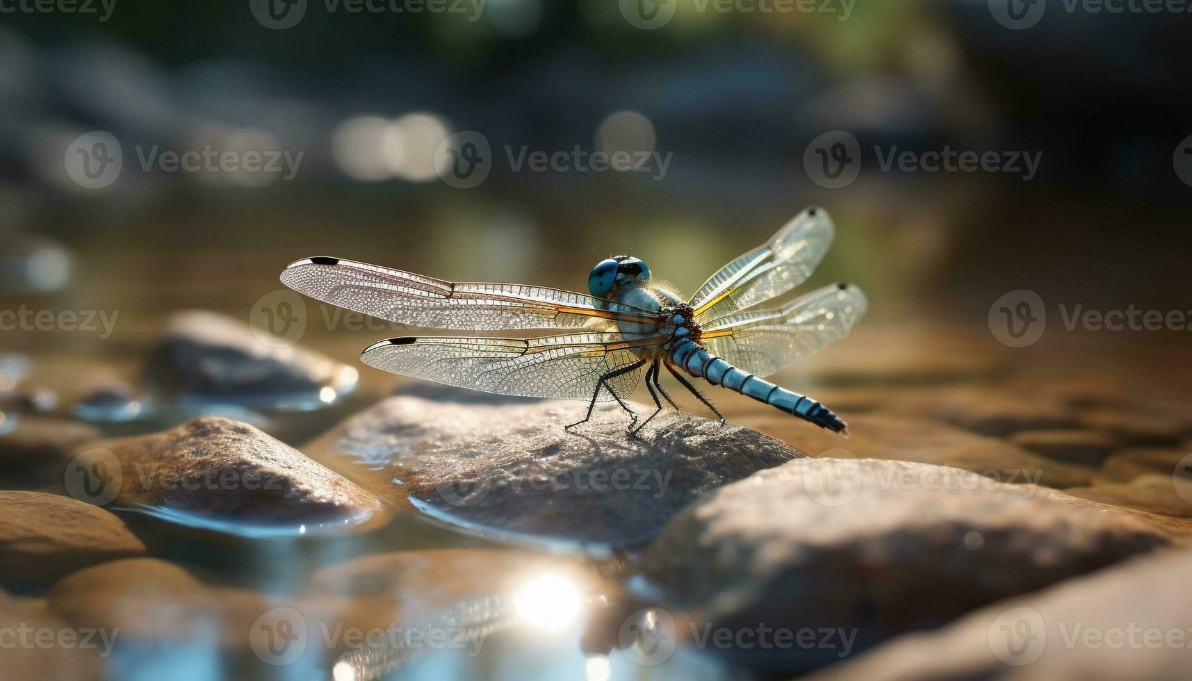 libélula em repouso em molhado folha dentro luz solar gerado de ai foto