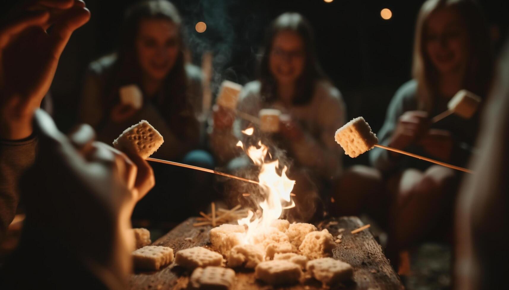 jovem adultos desfrutando fogueira, grelhar marshmallows juntos gerado de ai foto