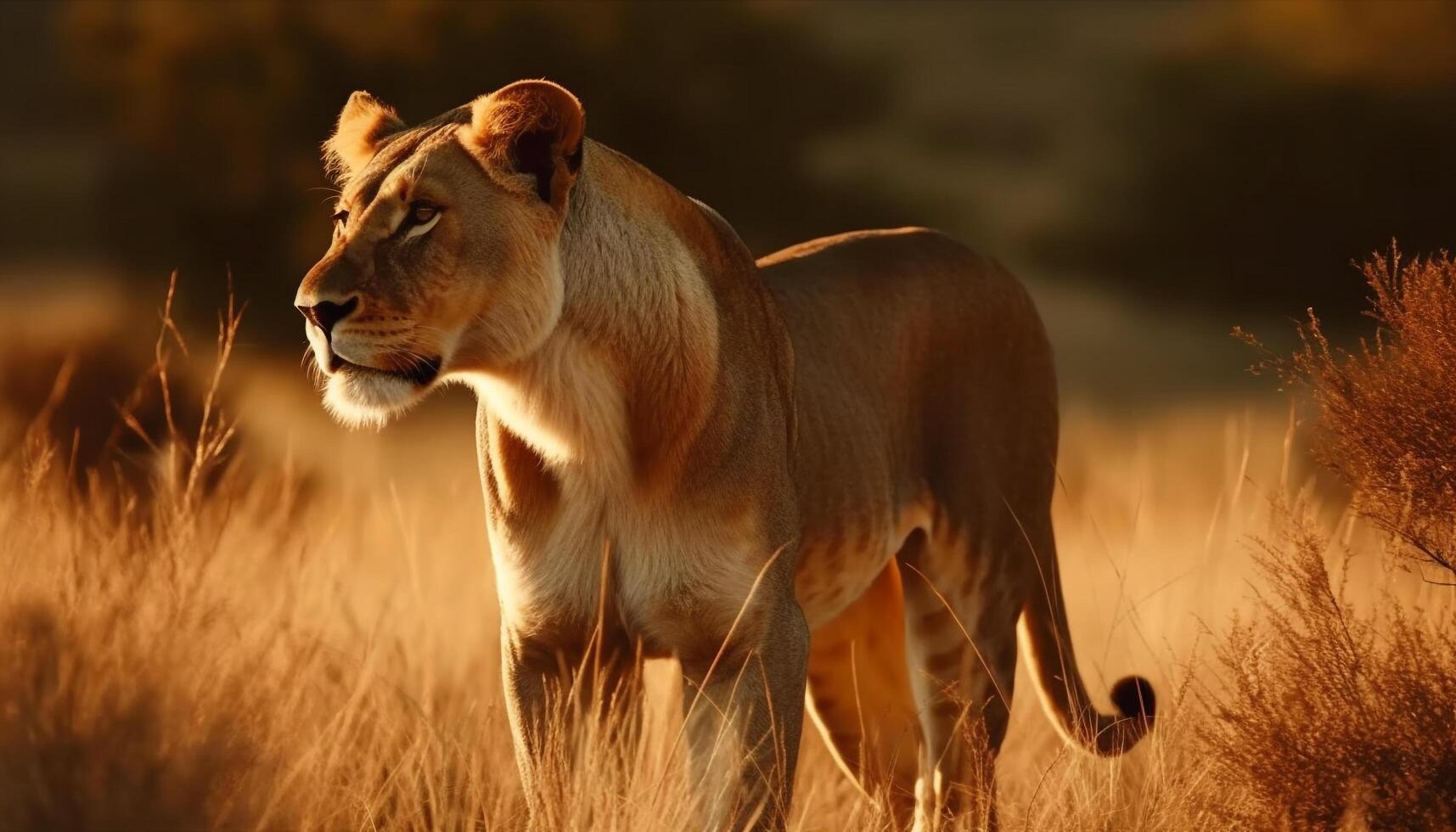 majestoso leão caminhando dentro africano savana pôr do sol gerado de ai foto