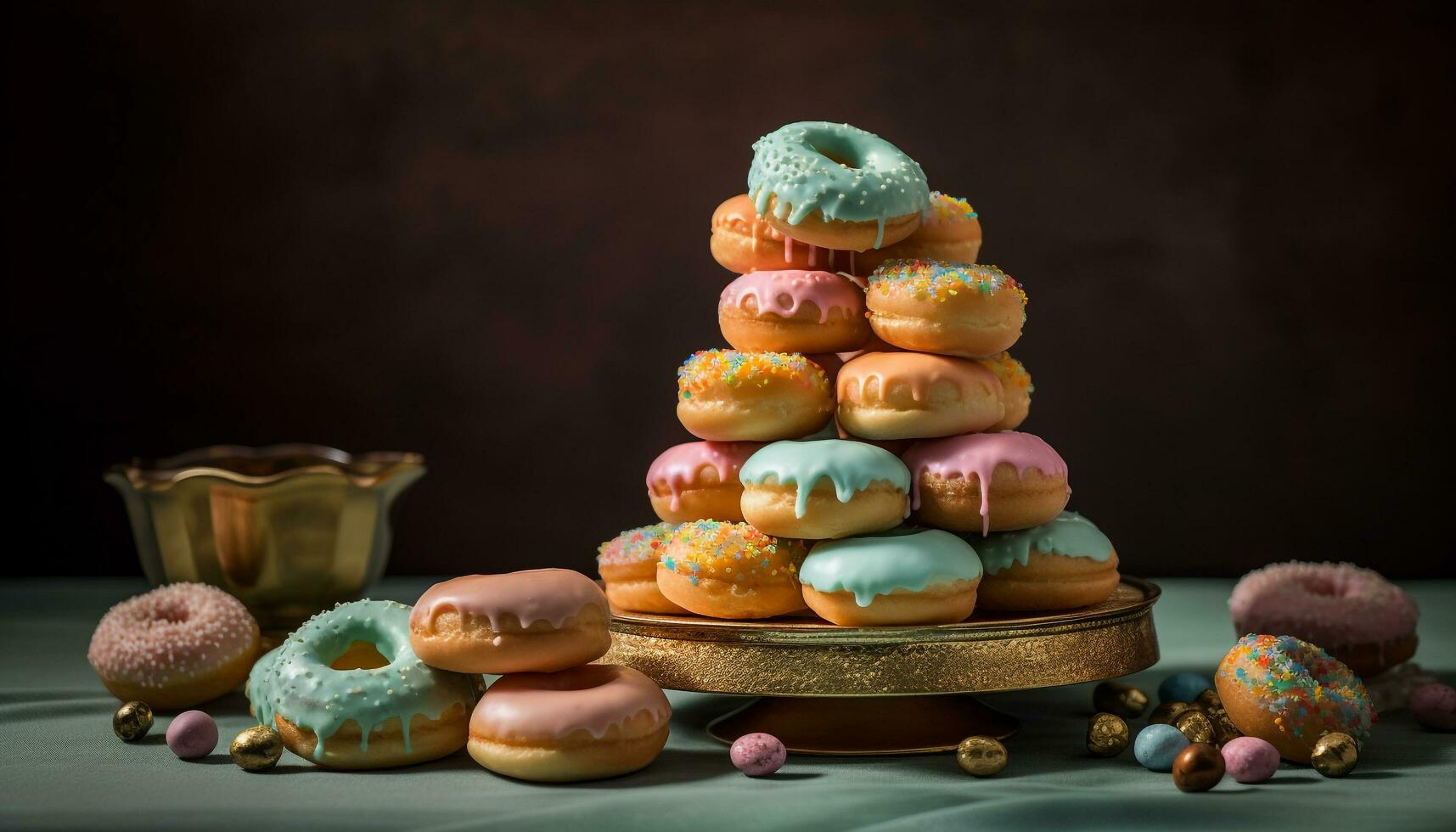 rosquinha pilha em rústico madeira prato gerado de ai foto