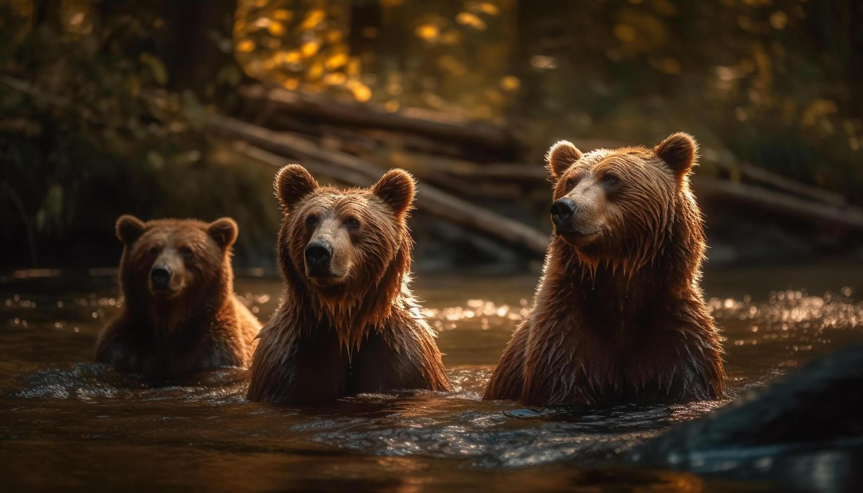 três brincalhão mamífero amigos sentado de água gerado de ai foto