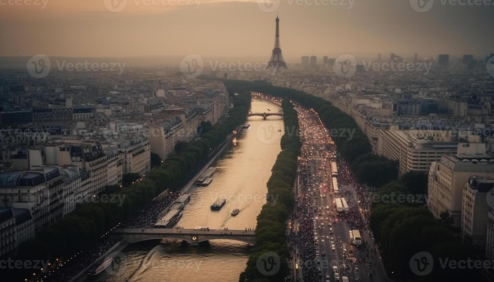 cidade Horizonte iluminado às crepúsculo, tráfego fluxos gerado de ai foto