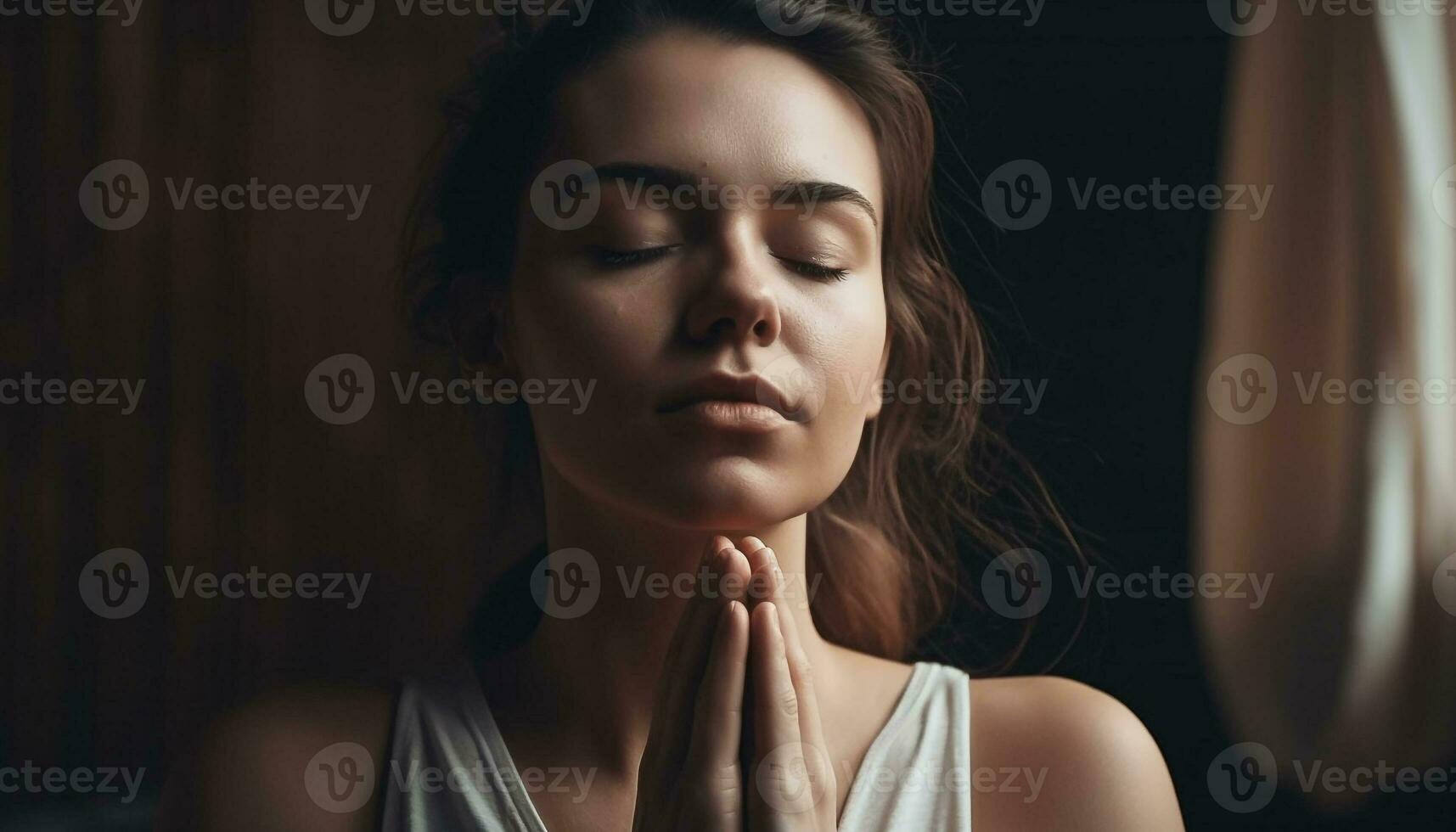 jovem adulto mulher meditando dentro sereno solidão gerado de ai foto