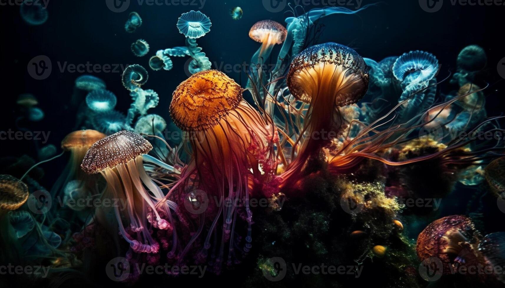 multi colori cnidário tentáculos levitar dentro embaixo da agua beleza gerado de ai foto