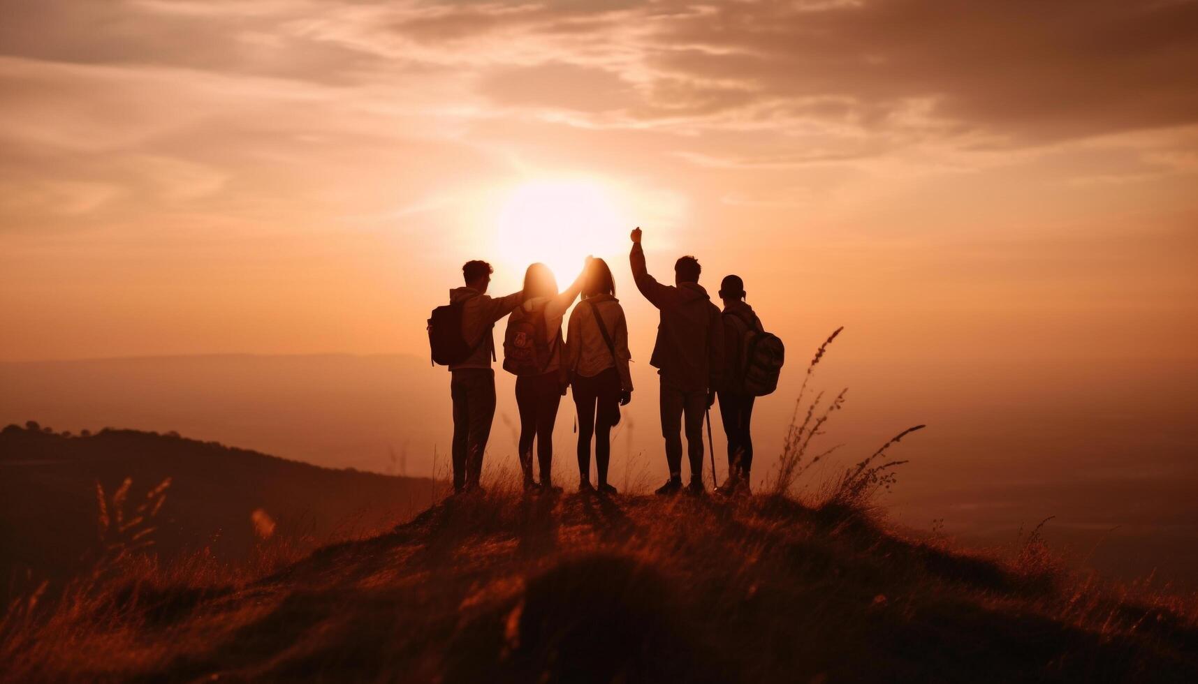 grupo do pessoas caminhada montanha pico às pôr do sol gerado de ai foto