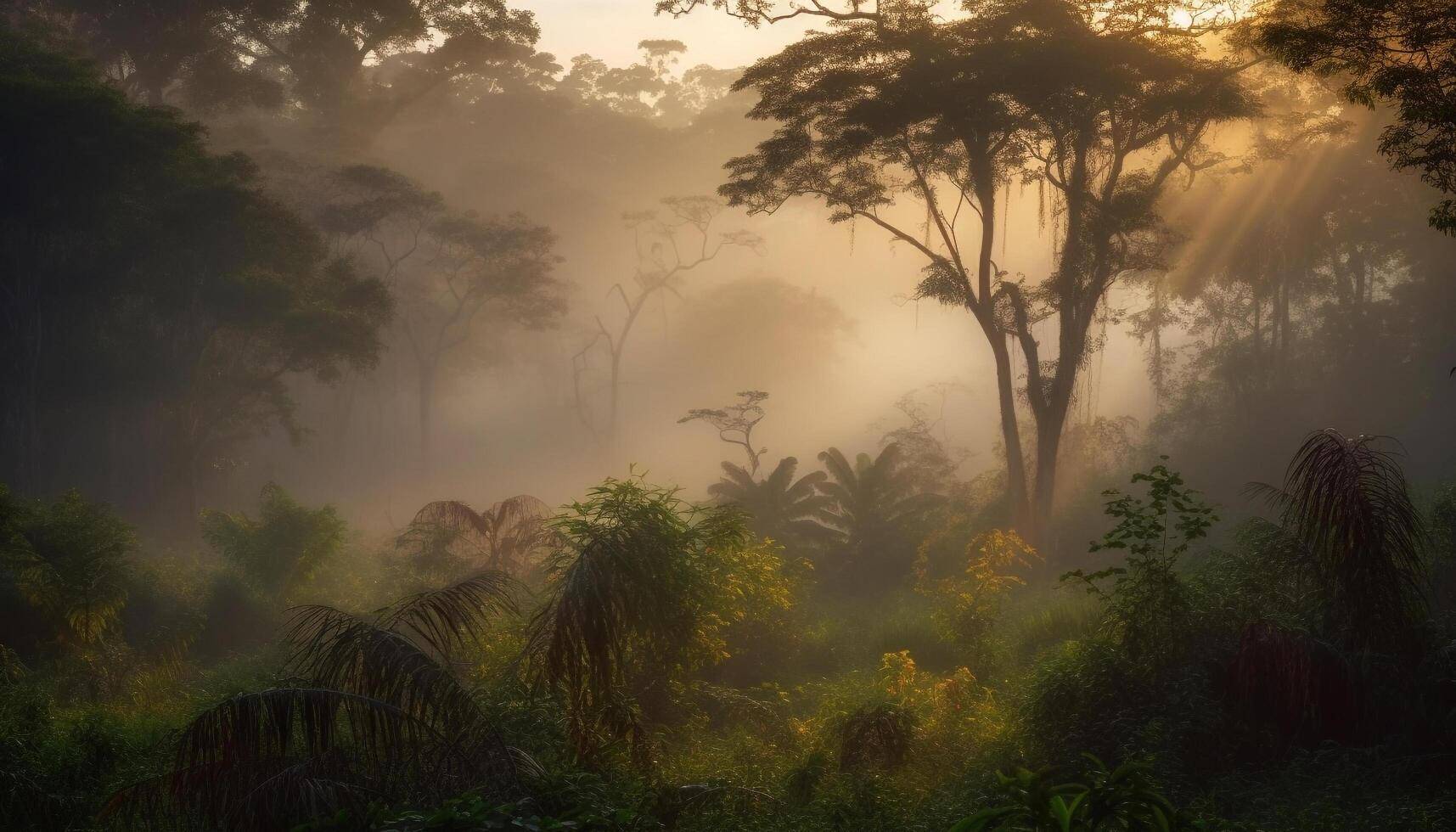 tranquilo nascer do sol sobre enevoado floresta Prado aventura gerado de ai foto