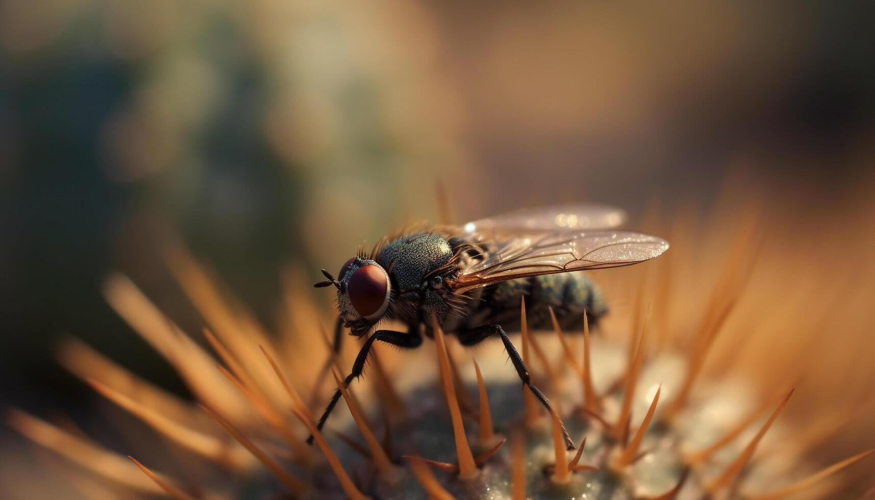 pequeno mosca em amarelo flor, polinizando ao ar livre gerado de ai foto