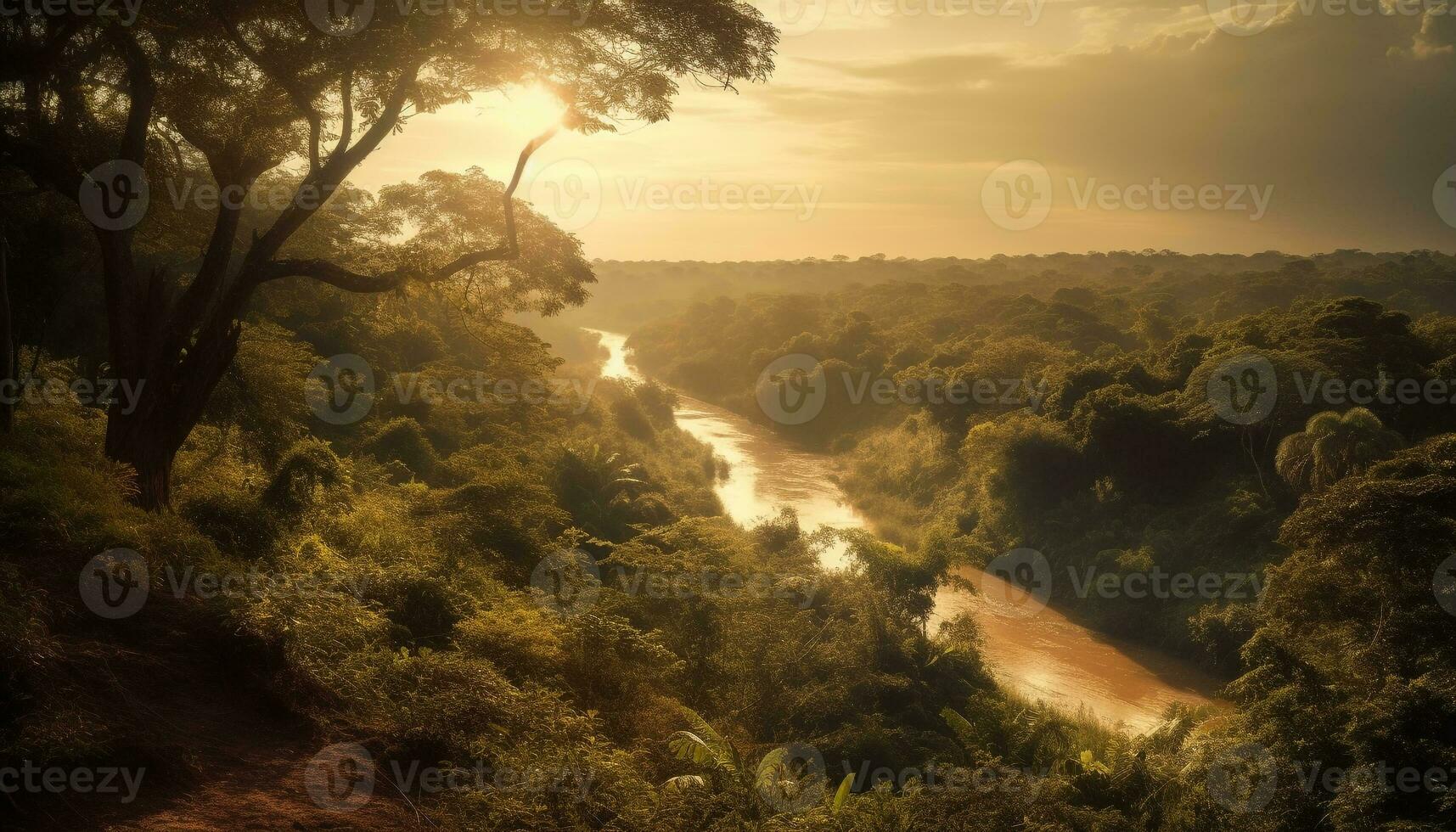 pôr do sol sobre tropical floresta tropical, tranquilo beleza rodeia gerado de ai foto